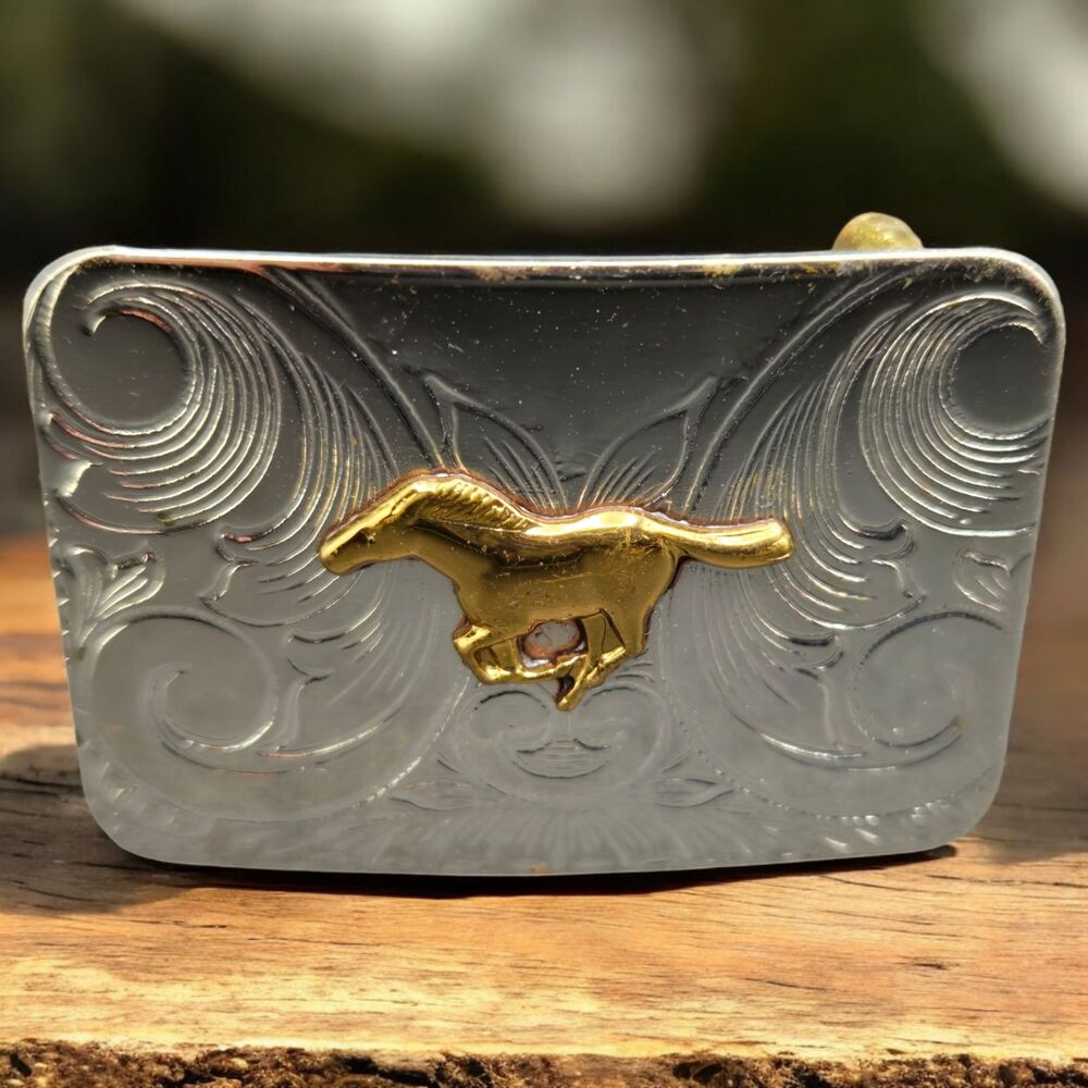Rare Vintage Nickle Silver Western with Brass Equestrian Horse Small Belt Buckle